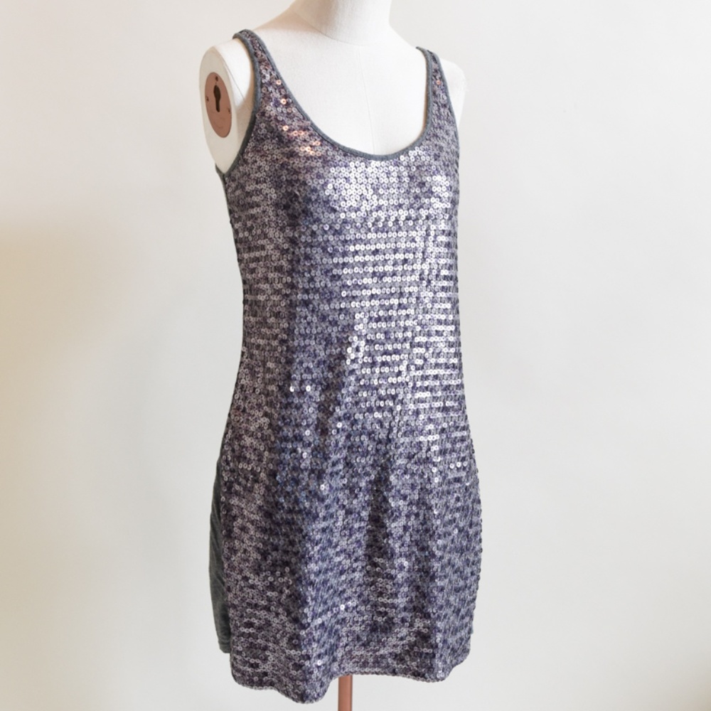EXPRESS Silver Gray Sequin Front Bodycon Dress Small Size S super cute